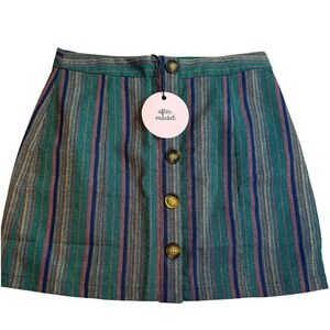 After Market Green Striped Button Front Mini Skirt Metallic Woven Boho Womens L